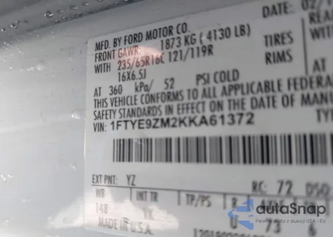 2019 Ford Transit z USA, uszkodzony, nr VIN 1FTYE9ZM2KKA61372